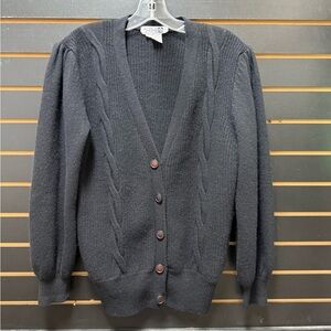 Adele Joyce Vintage Black Lambswool Angora Cardigan M Puff Sleeve Button Up